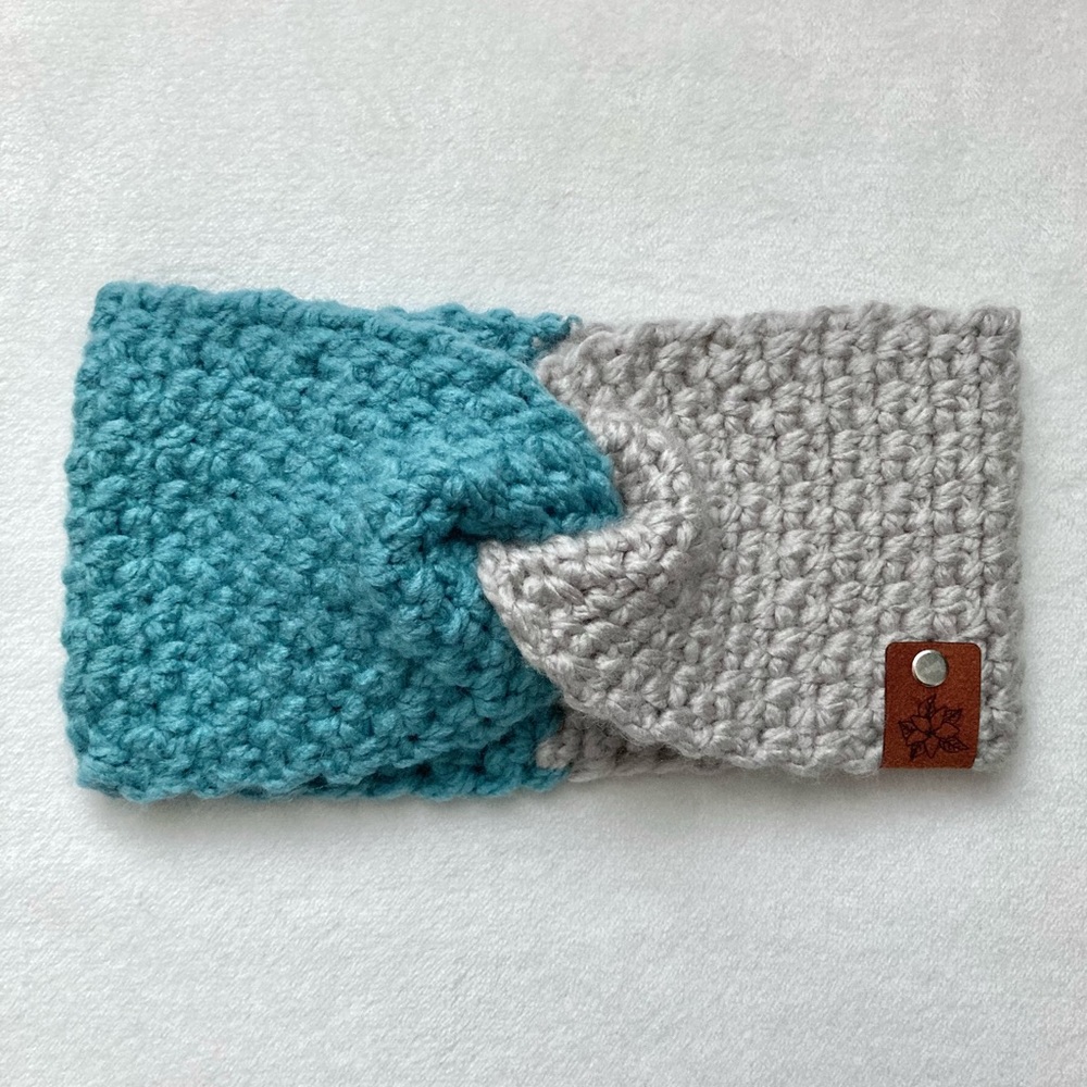 Headband Ear Warmer handmade crocheted Teal gray greige twist turban Medium